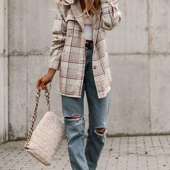 Khaki Plaid Removable Hood Buttoned Shacket/Hooded Top NWOT - Picture 4 of 15